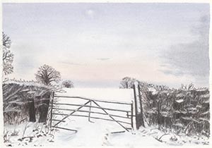 Glastonbury Fields Snow Scene - Giclee A4 Print