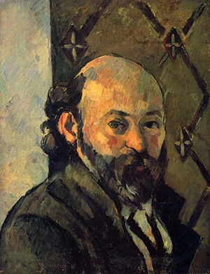 Self-portrait in front of wallpaper by Cezanne